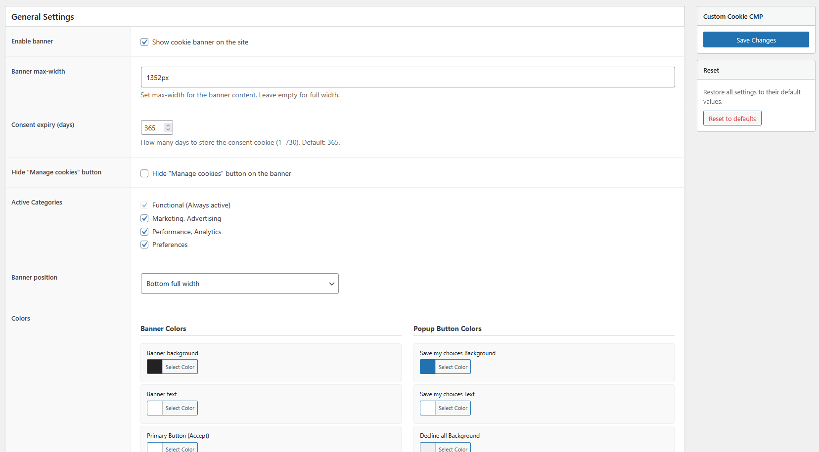 Multilingual text management with structured tabs for Banner, Popup, Buttons, and Categories.