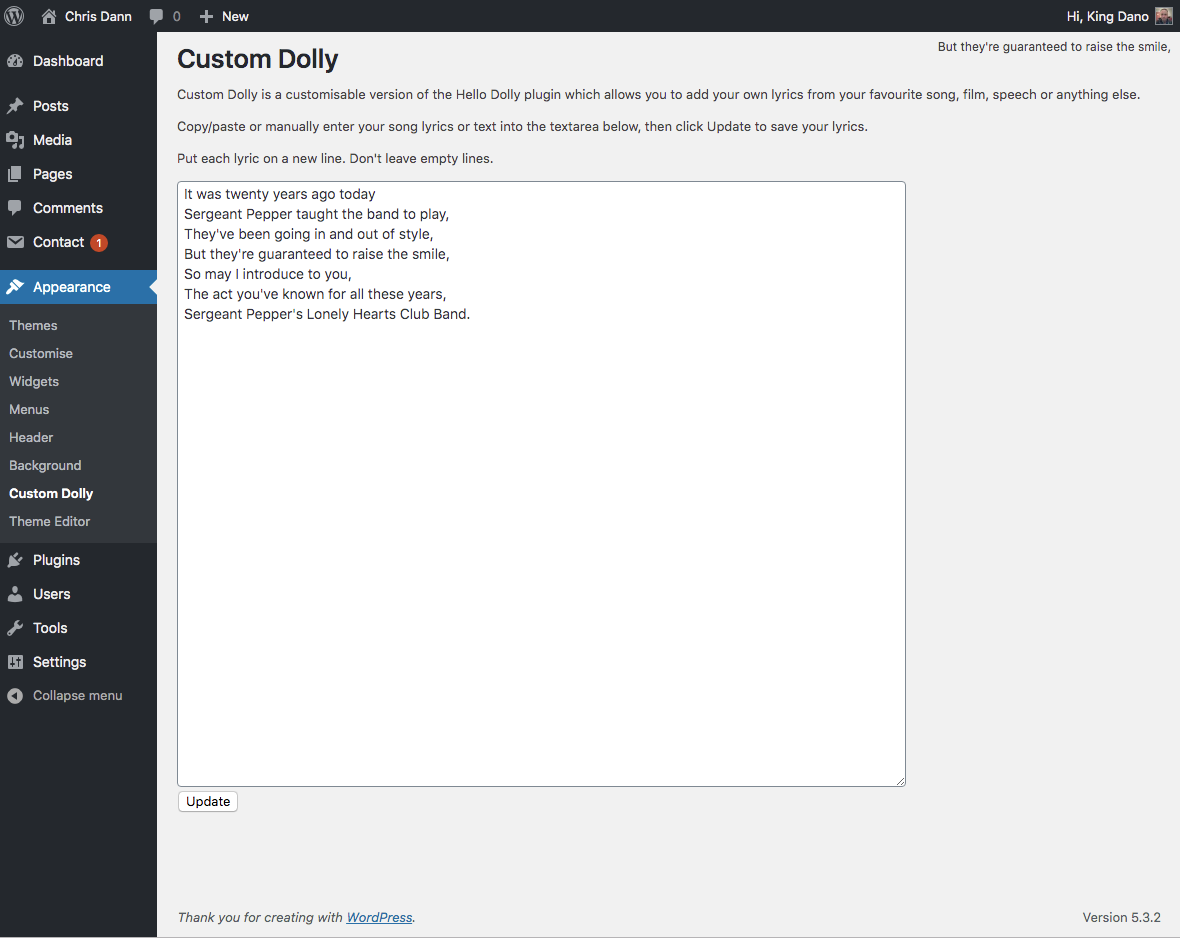 The Hello Dolly admin screen at Appearance->Custom Dolly