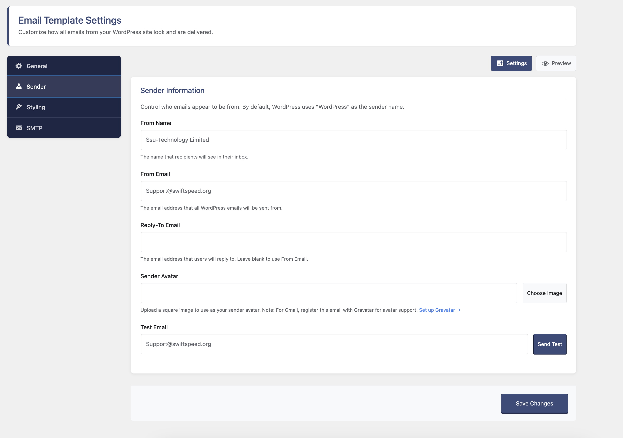 Sender Information - Set up sender name, email, and reply-to address