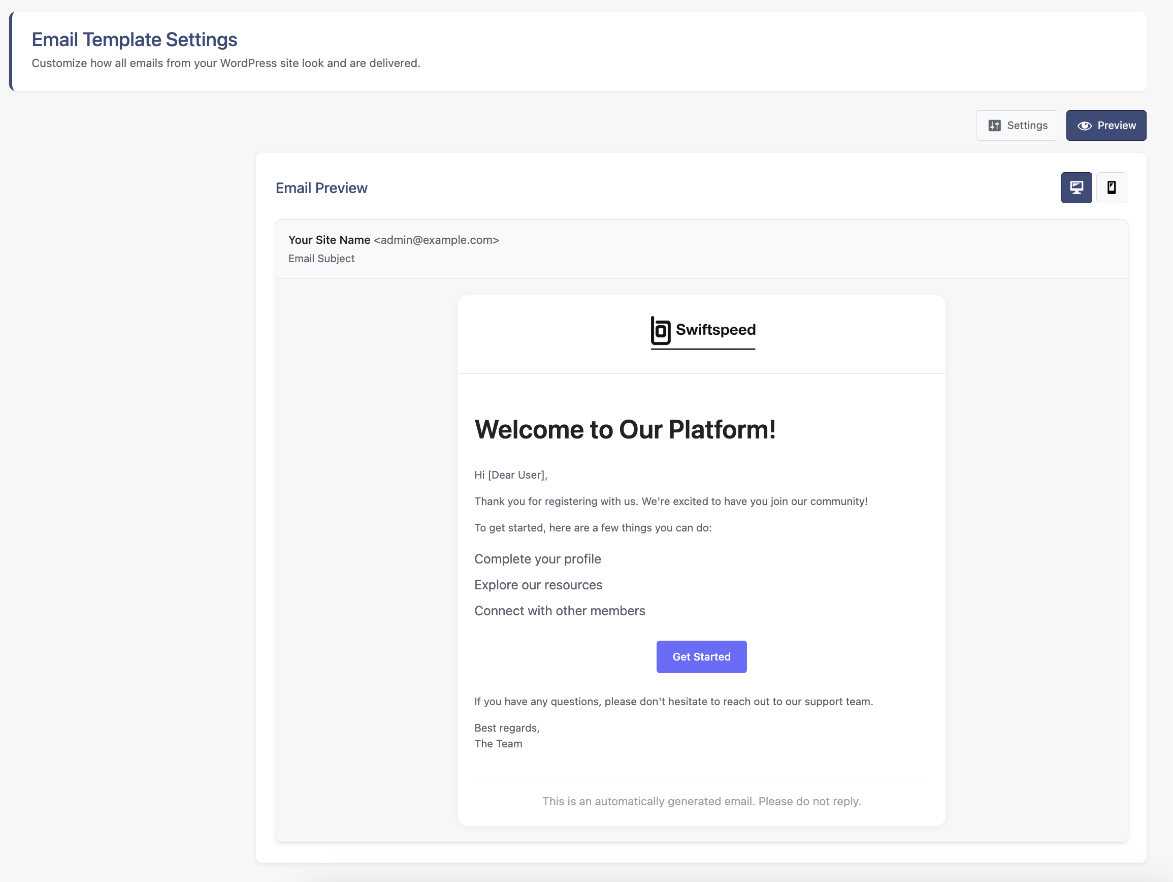 Email Preview - Preview how your emails will look with current settings