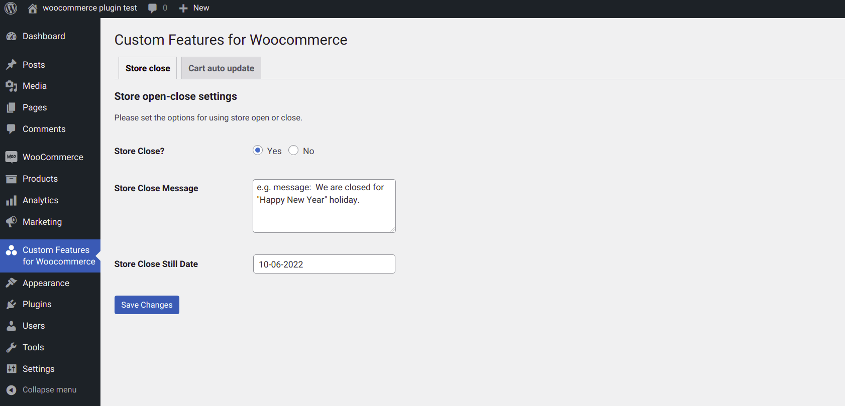 In admin panel store close setup.