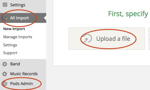 Ater installing and activating WP All Import, PODS and CIO Custom Fields Importer Add-on, you will see the menus of PODS and WP All Import. Click on new import, and upload your csv or xml file.