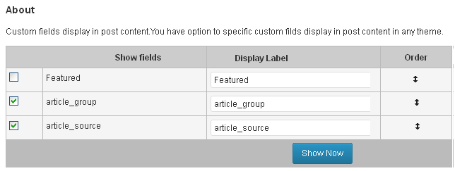 screenshot-3.png  : screen shot admin custom fields display  plugin section with select custom field for dispaly.
