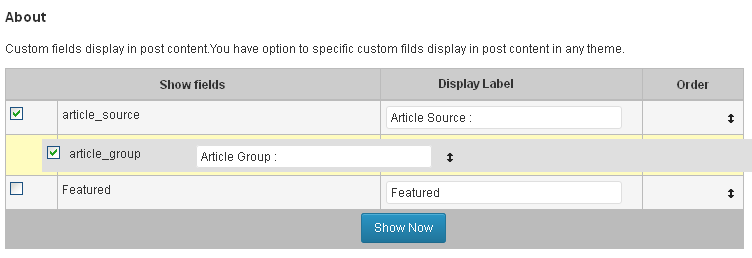 screenshot-4.png  : screen shot admin custom fields display  plugin section with select custom field for dispaly and change display order.