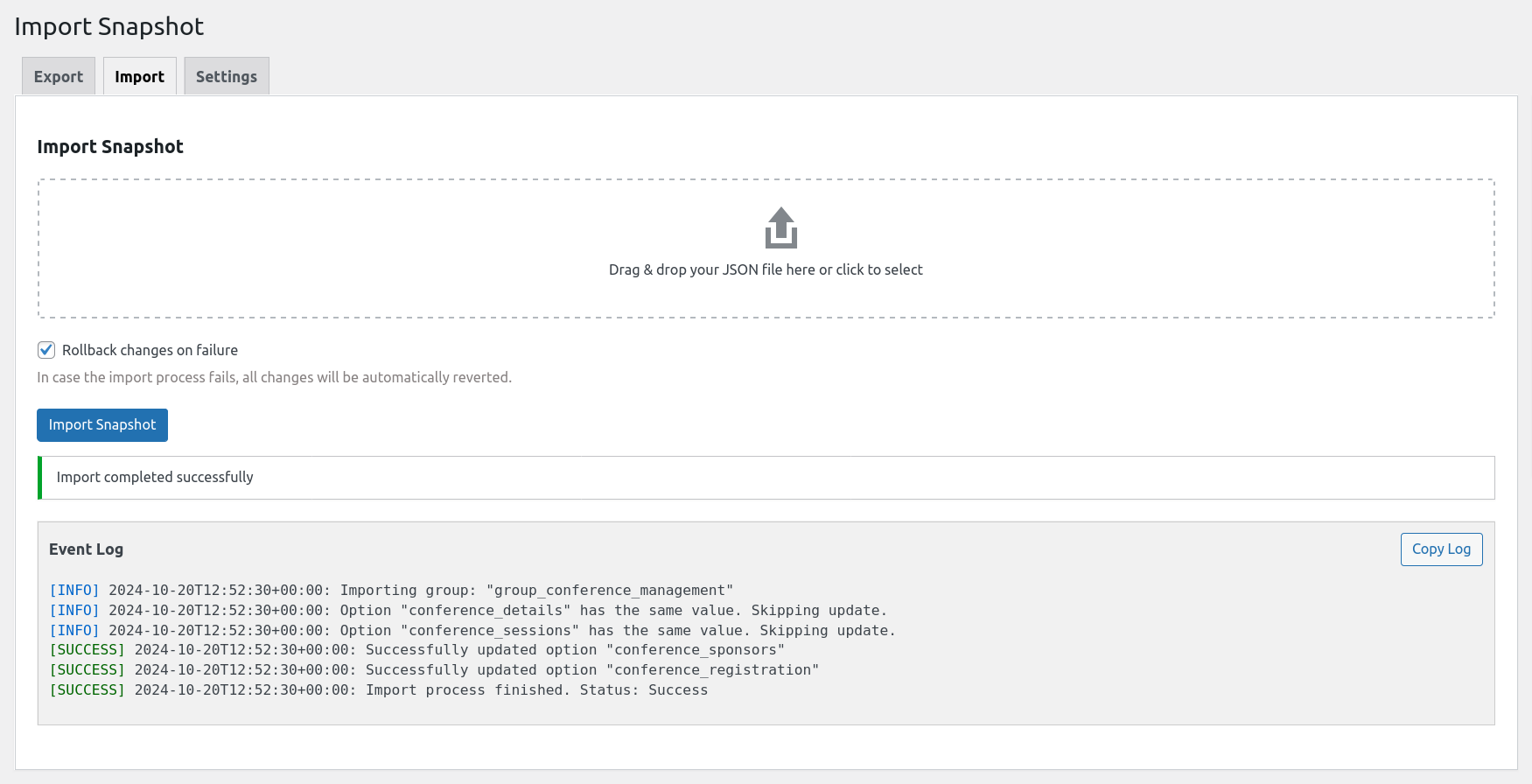 Import interface - Upload and import your snapshot file