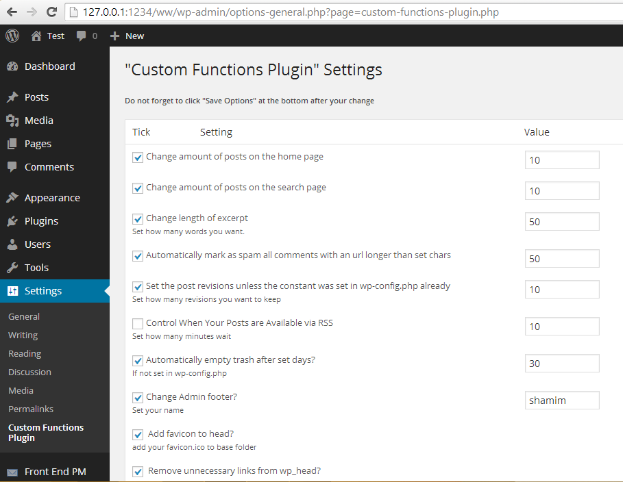 Custom Functions Plugin settings