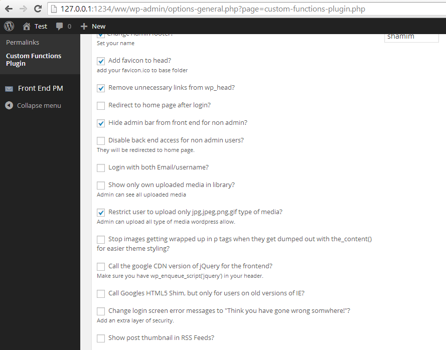 Custom Functions Plugin settings 2