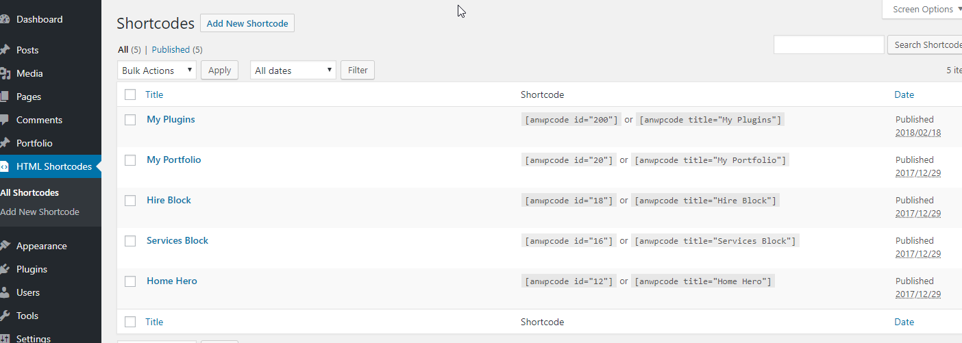 List of all shortcodes.