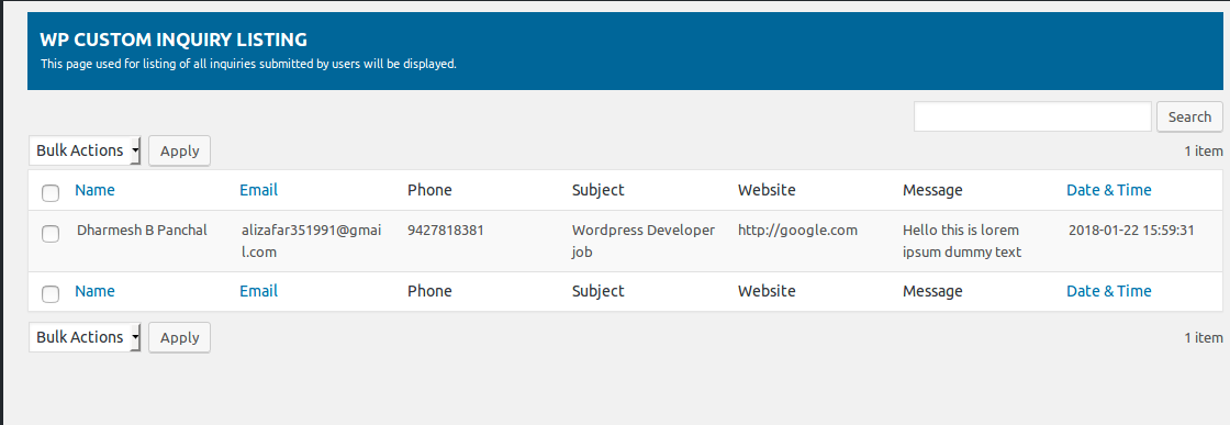 Display of user inquiries on the customized Inquiry form listing page.