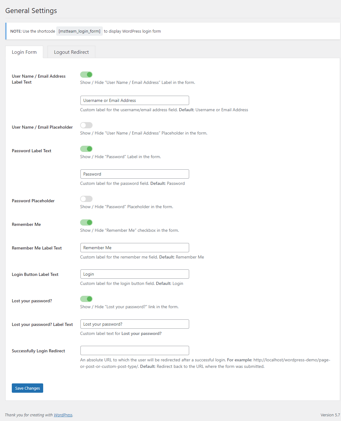 Custom Form Login (General Settings).