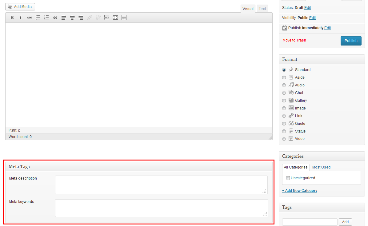 **Screenshot 1** - Meta tag custom fields will be displayed under Post editor.