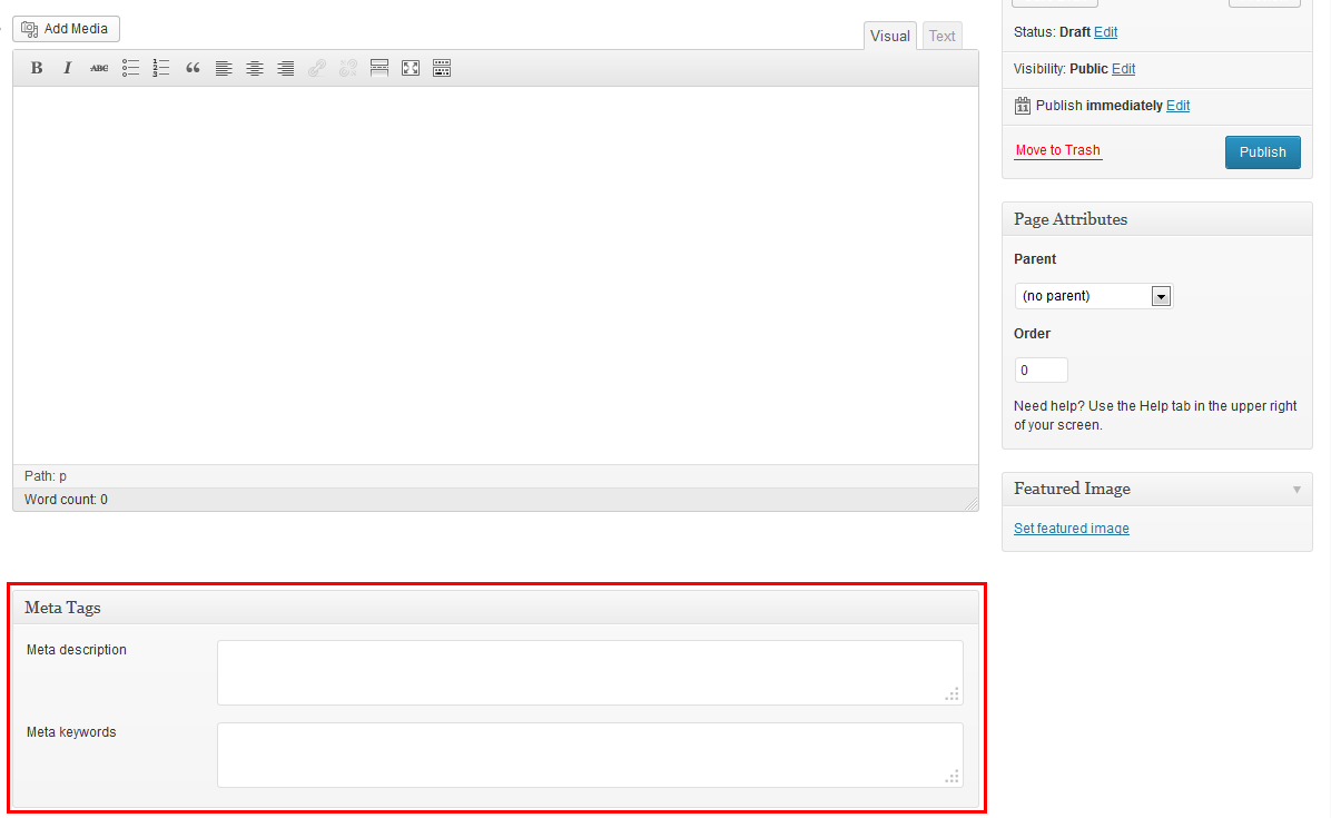 **Screenshot 2** - Meta tag custom fields will be displayed under Page editor.