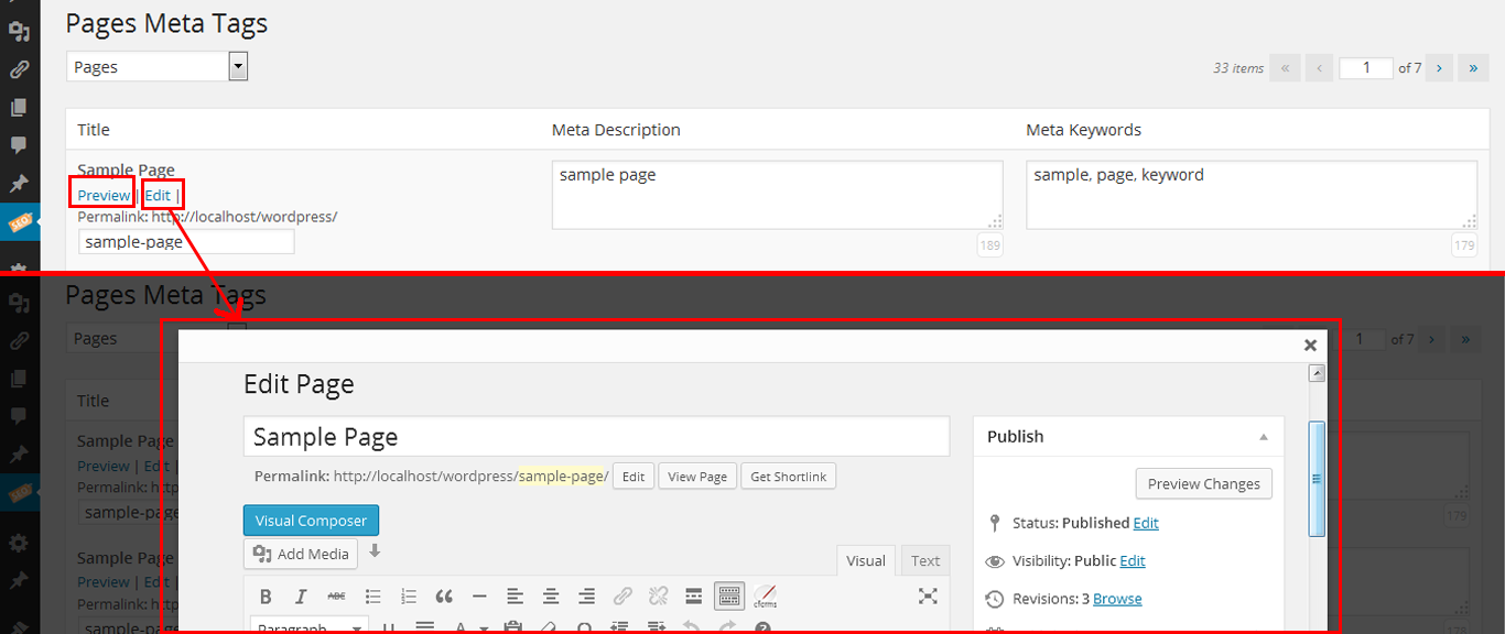 **Screenshot 3** - 'Custom Metas' is the place to add or edit meta description and meta keywords of all published/enabled Post Types and User can edit or preview each post of all post types on Custom Metas page itself and we can change 'slug' of each post as per SEO needs, no need to toggle around.
