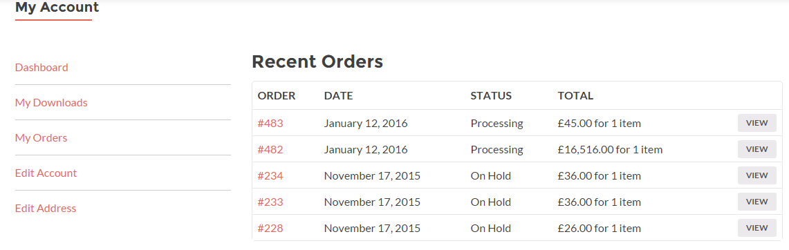 This screenshot shows how "My Orders" looks on My Account page.