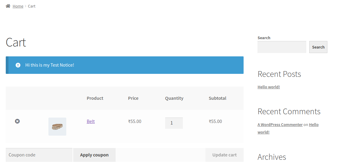 Custom Notice Display on Cart Page