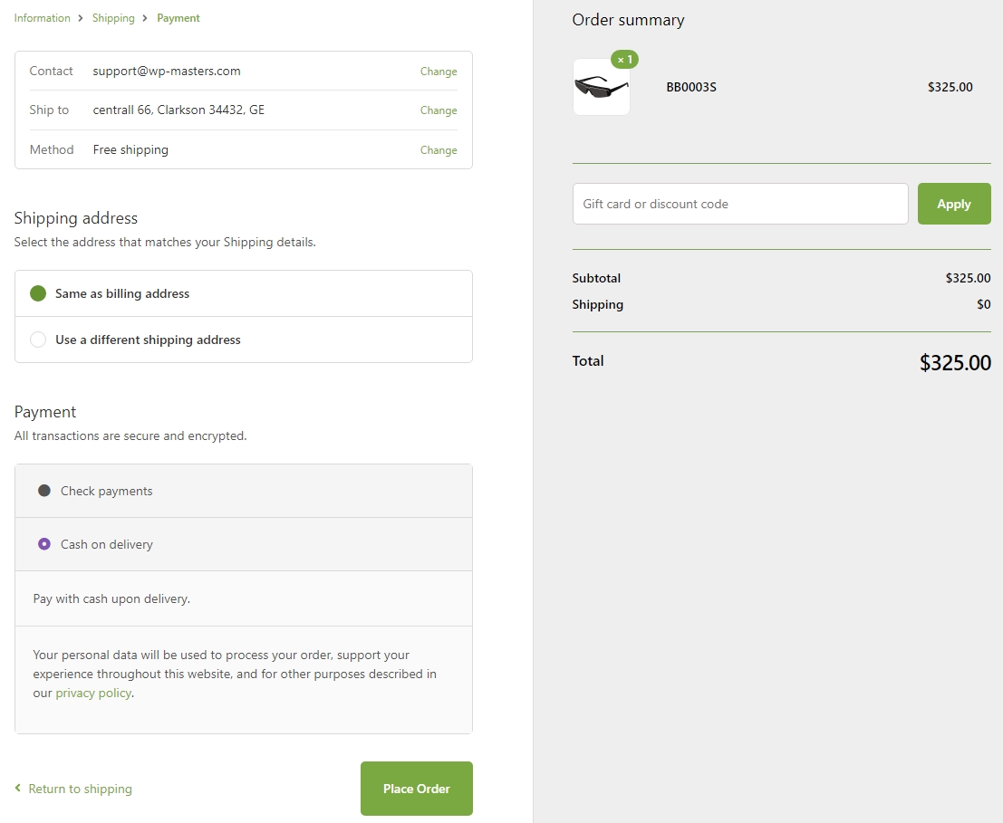 Set Shipping address and select Payment method