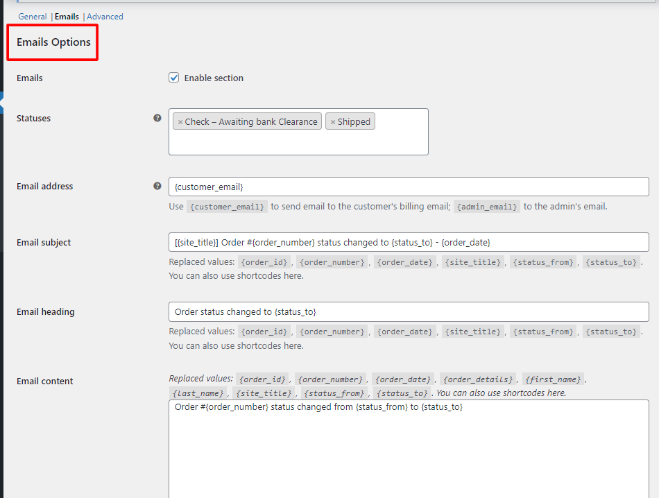 Email Settings Section.