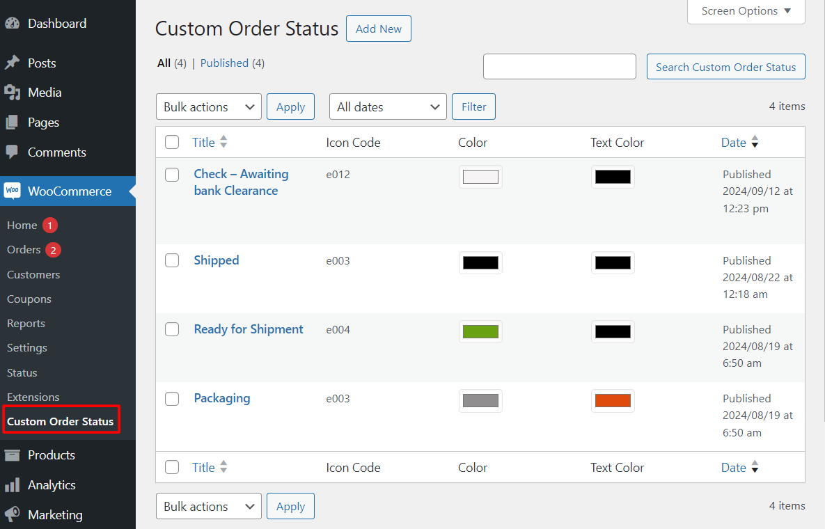 Custom Status List Overview.