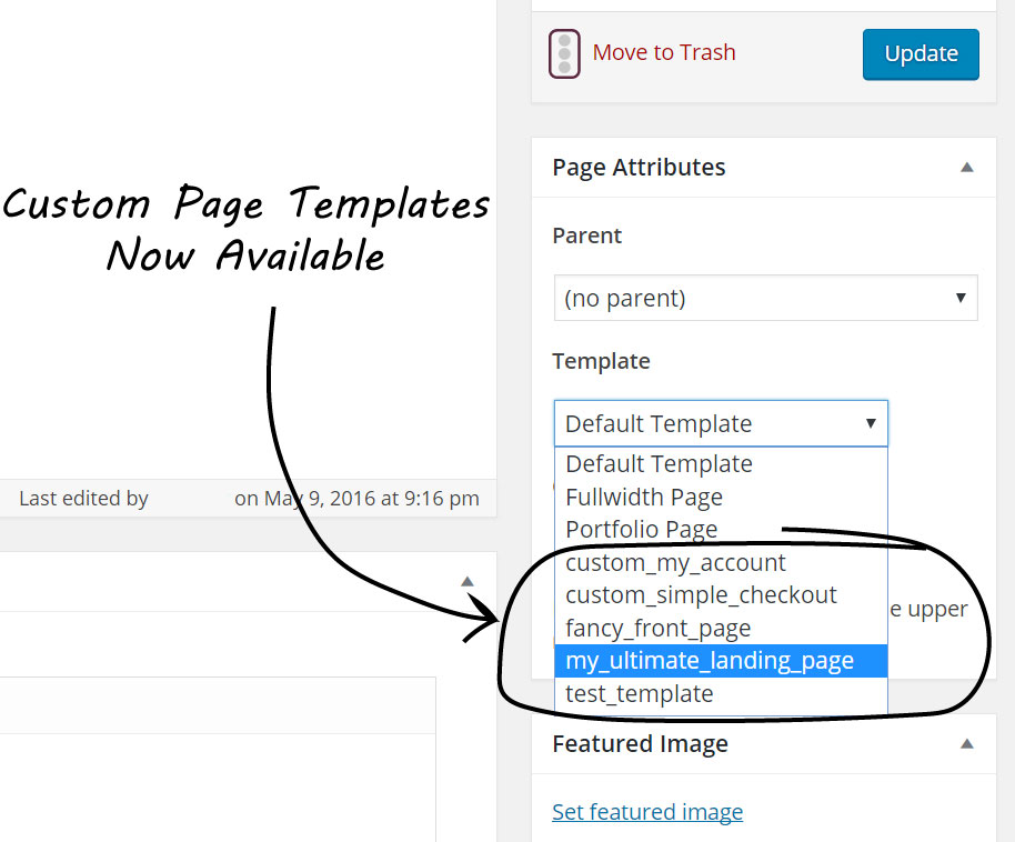 New page template options on the 'Edit Page' screen after uploading custom templates.