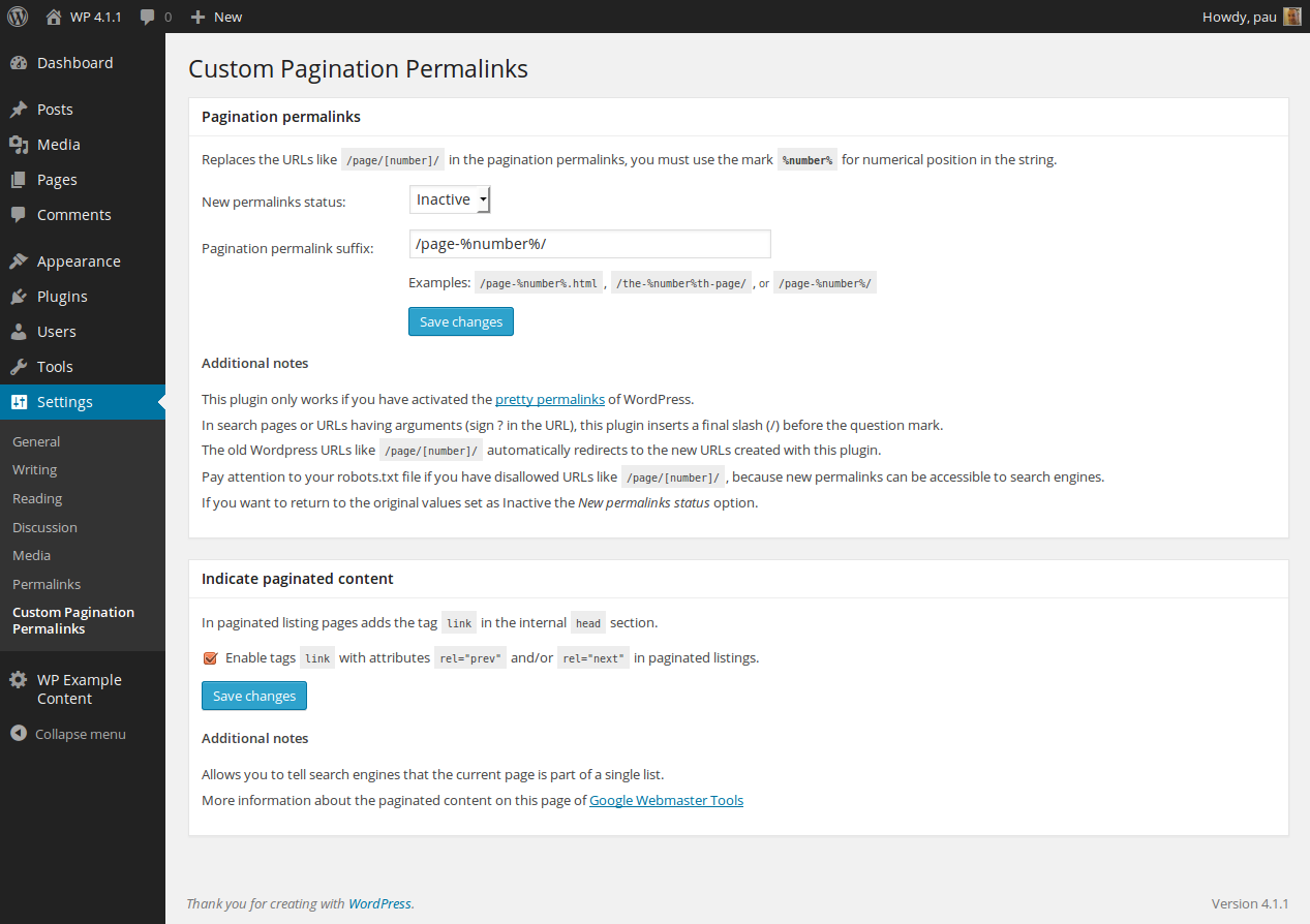 Custom Pagination Permalinks administration options.