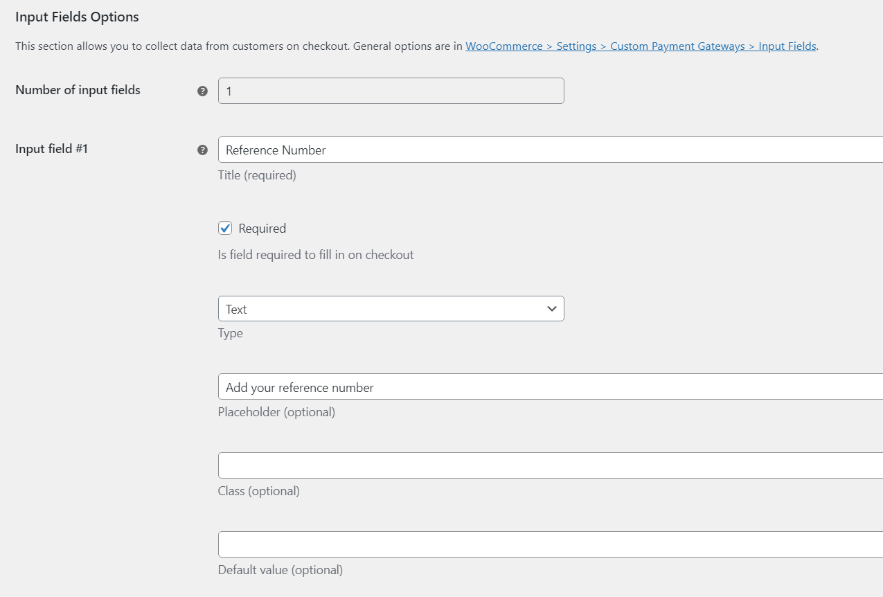 Configure input fields for gateways.