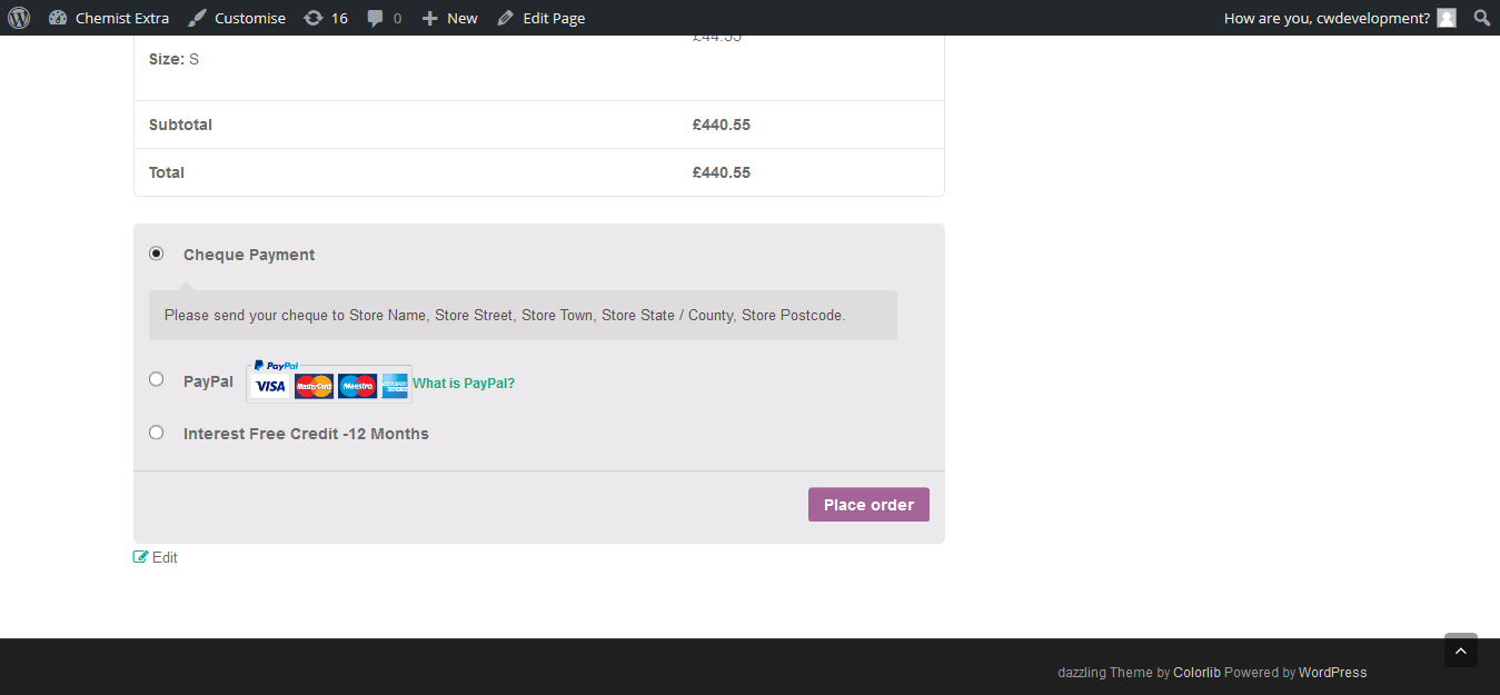 See action on the checkout page