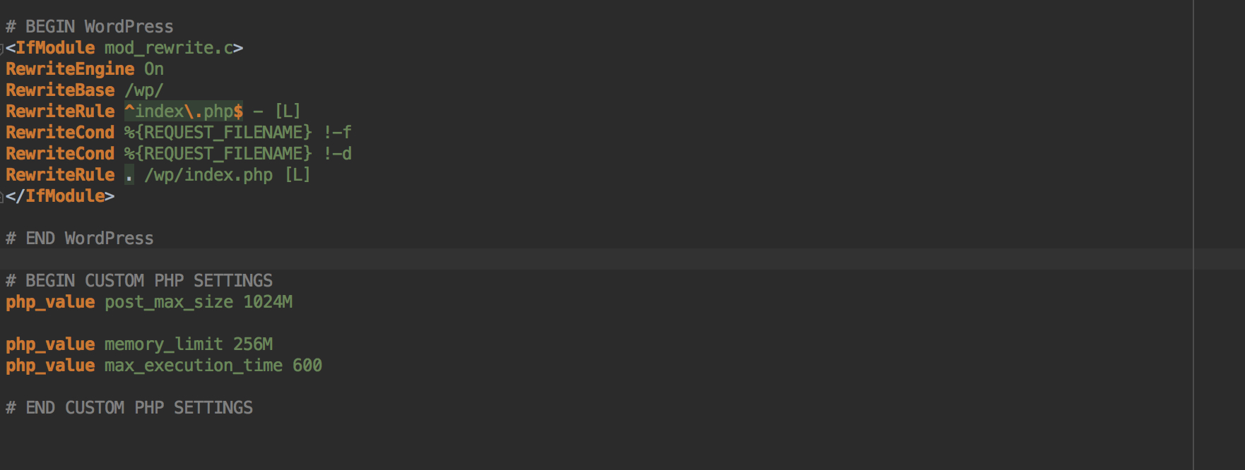 A table with all php settings that can be customized.