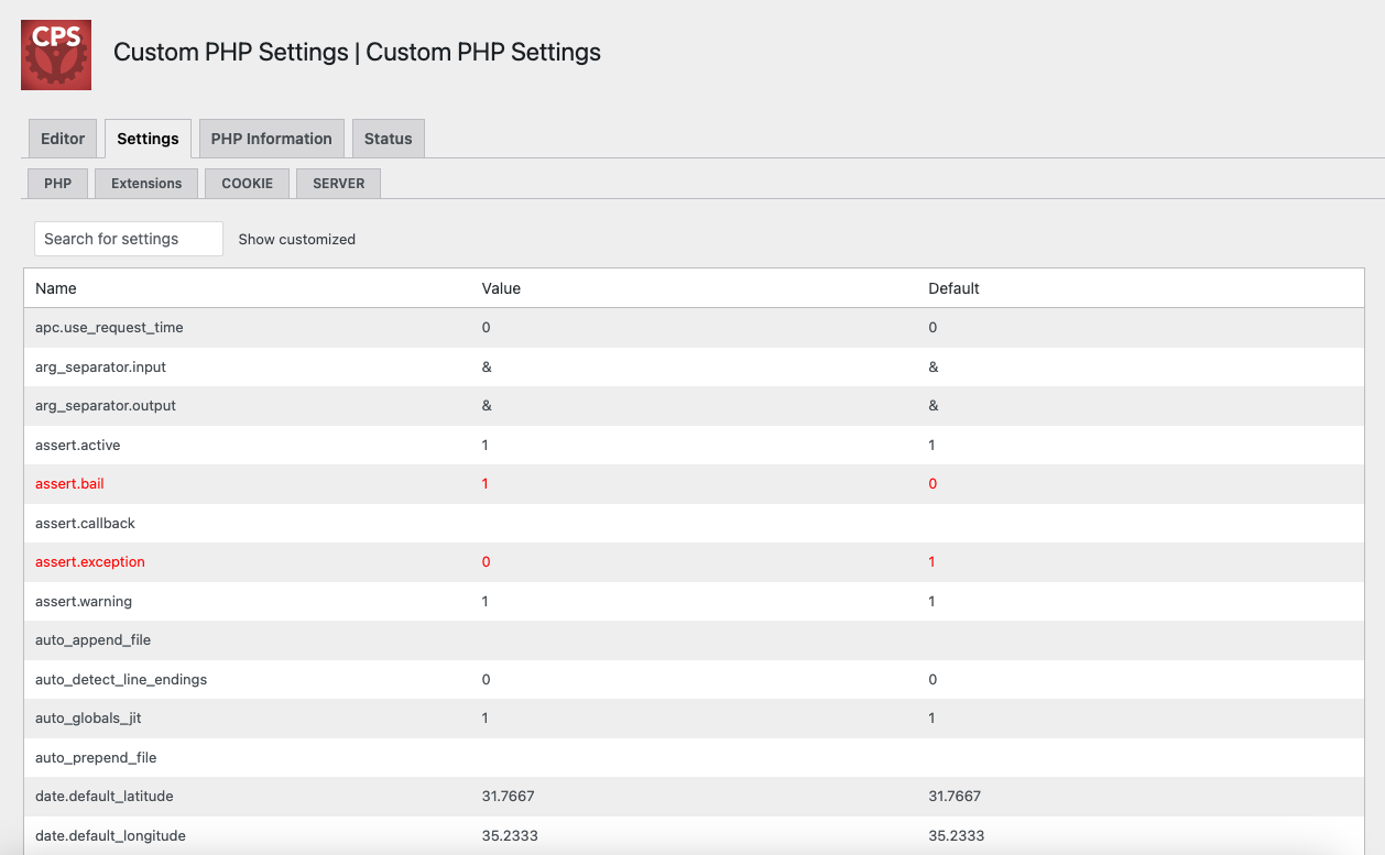 Table displaying information about the current php environment.