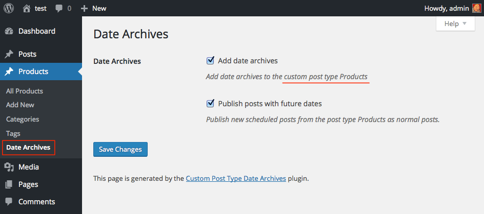 Date archives settings page for the custom post type Products.
