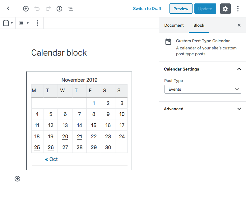 Calendar editor block