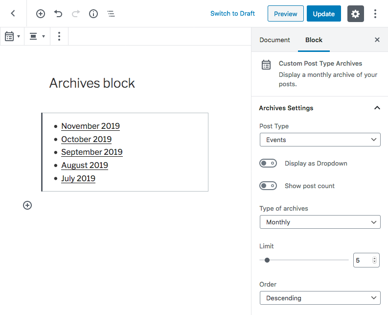 Archives editor block