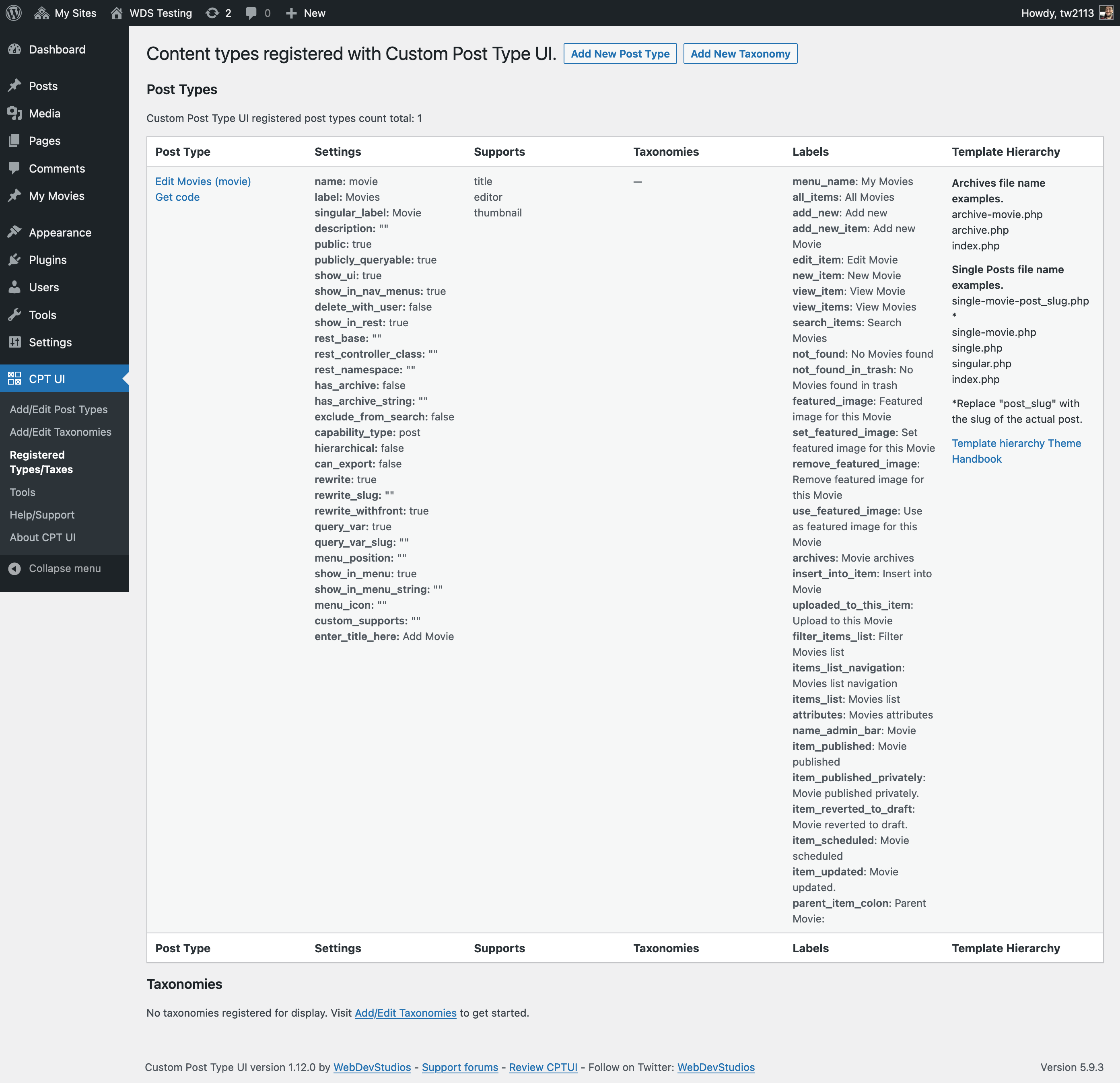 Registered post types and taxonomies from CPTUI