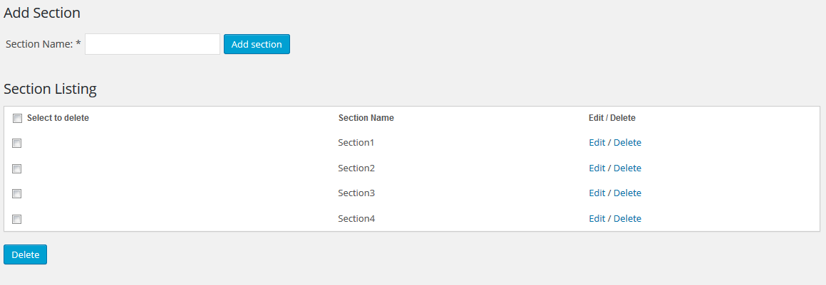 Section Listing. Here you can Add/Edit and Delete the sections.