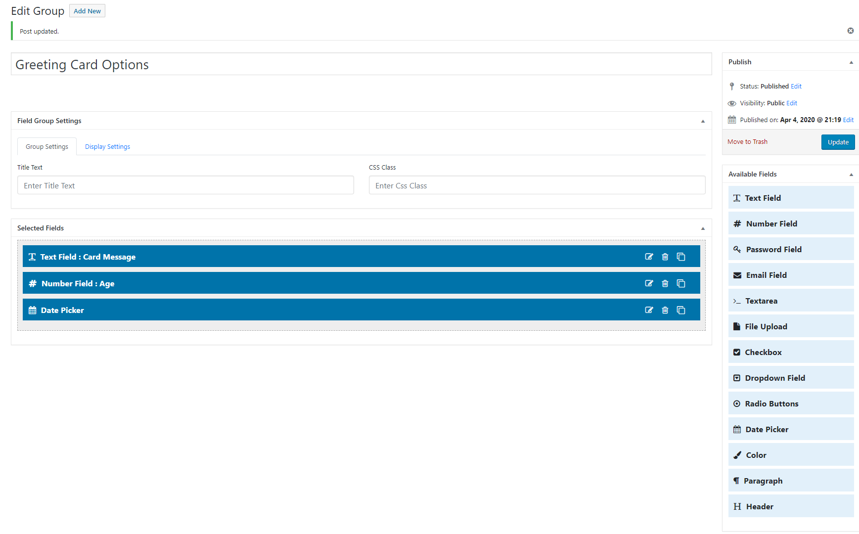 The main screen to create the fields