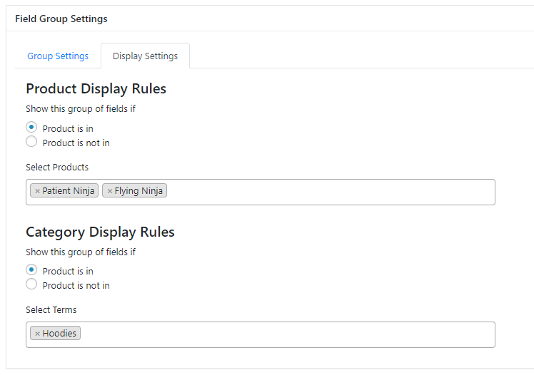 Selecting which products to show these fields on
