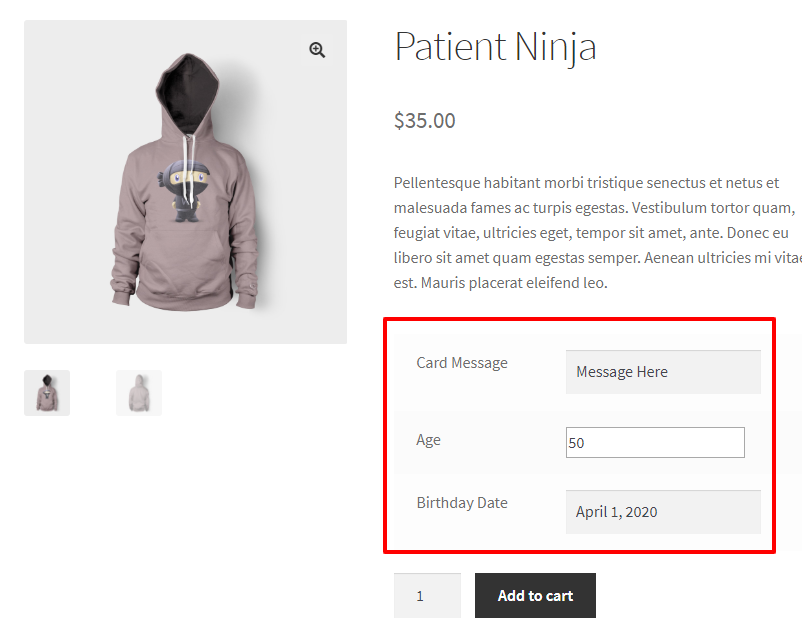 Showing the fields on the product page