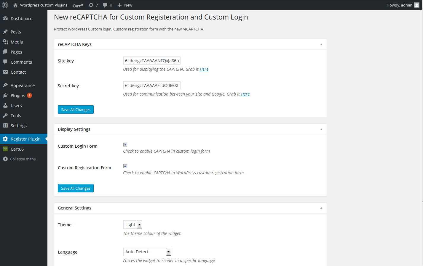 After plugin activation , add recaptcha public and private keys