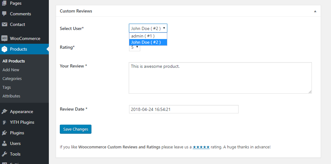 Ratings form on product edit screen