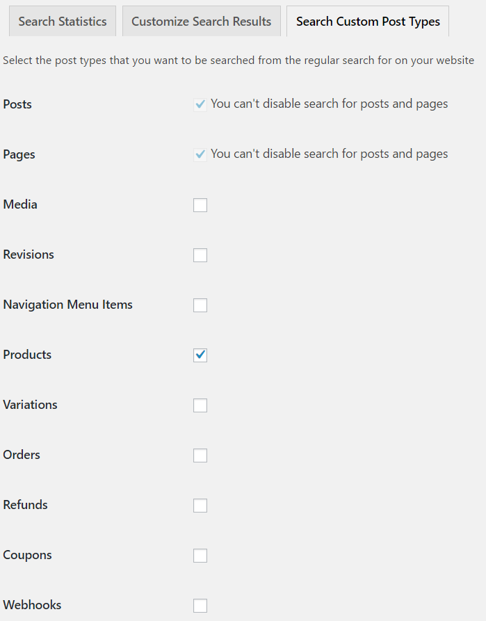 **Customize Search Post Types** - Customize the post types to be searched.
