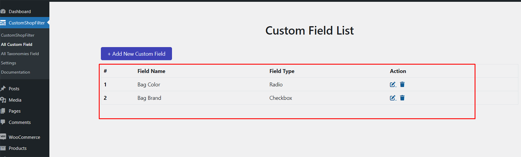 All custom field list in admin dashboard.