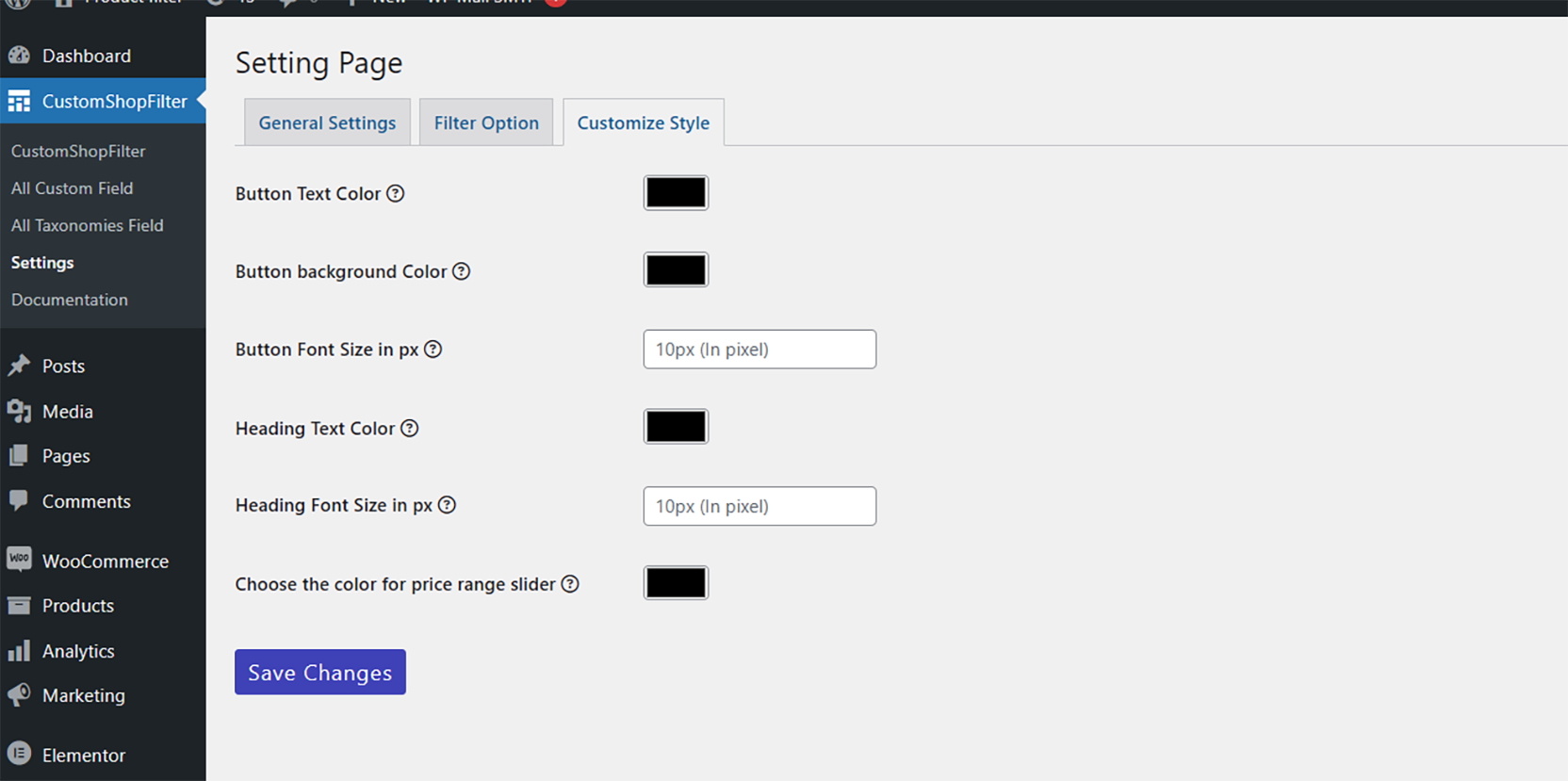 Custom style setting page in admin dashboard.