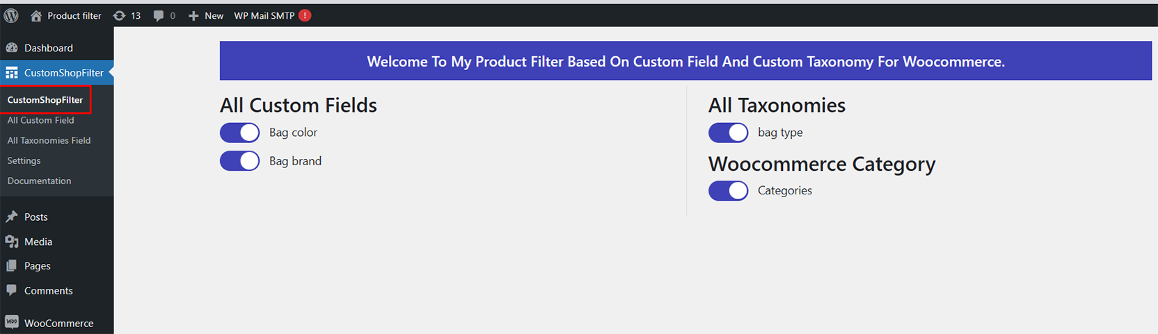 Enable and disable setting for custom field and custom taxonomy.