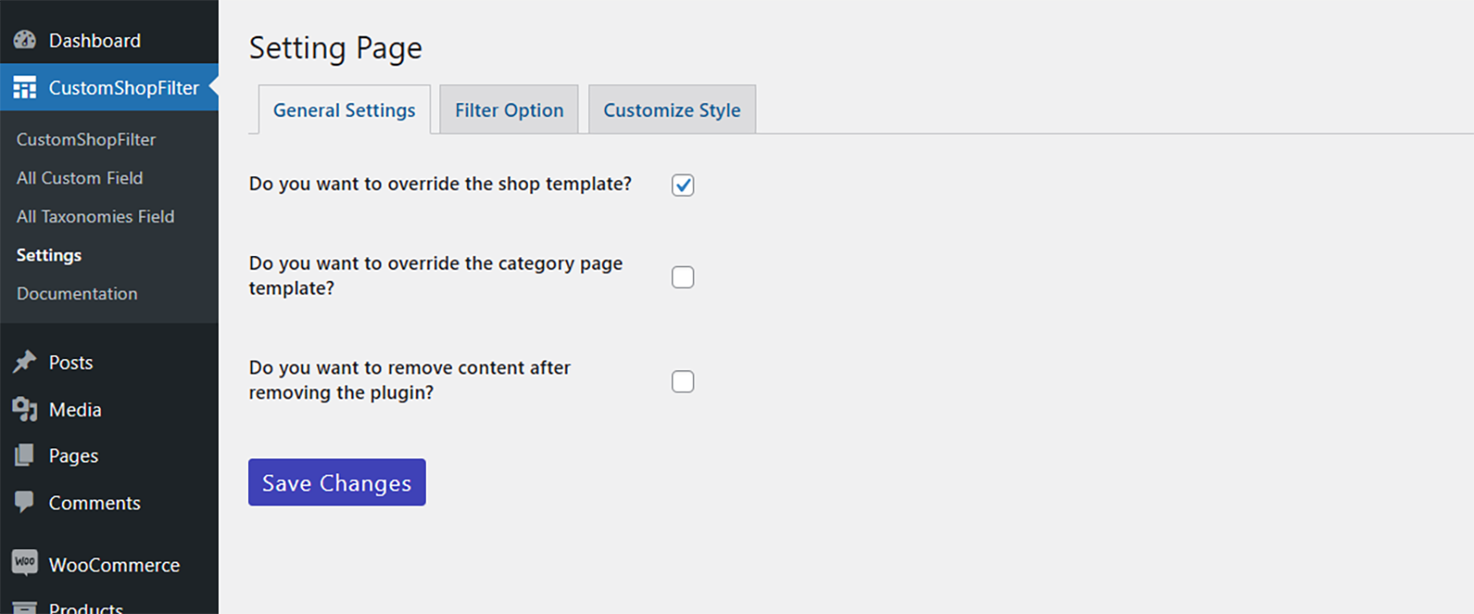 Override shop page template settings for filter.