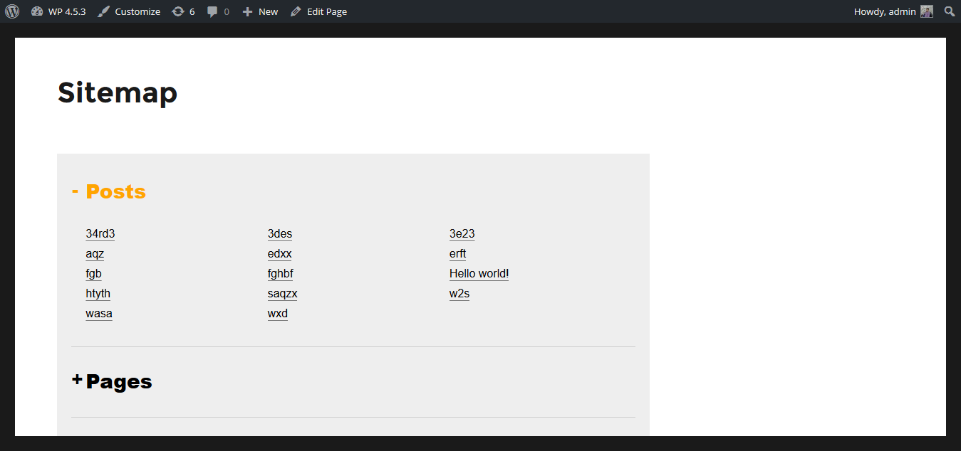 Sitemap page shortcode view on page template using 3 column settings.