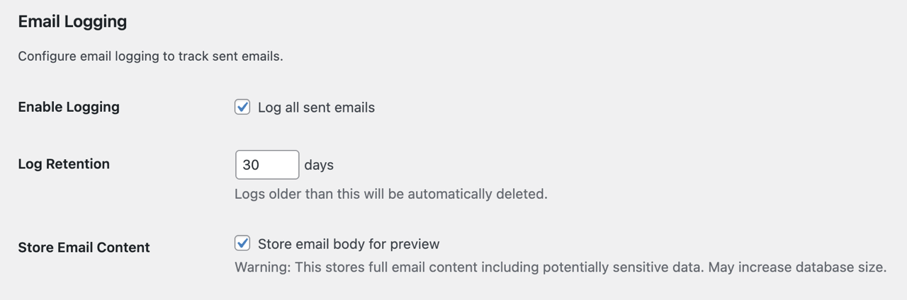 Email Logging Settings - Enable logging, set retention period, and optionally store email content for preview.