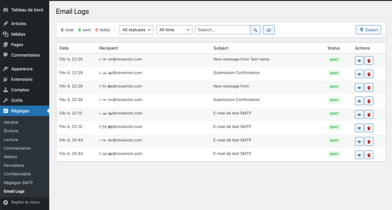 Email Logs - View all sent emails with status, search, and filters. Export to CSV.