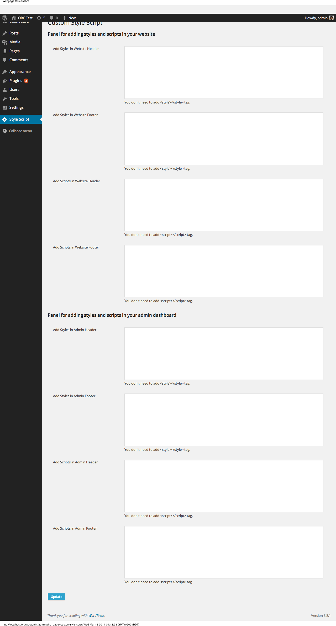 Panel for adding script and styles