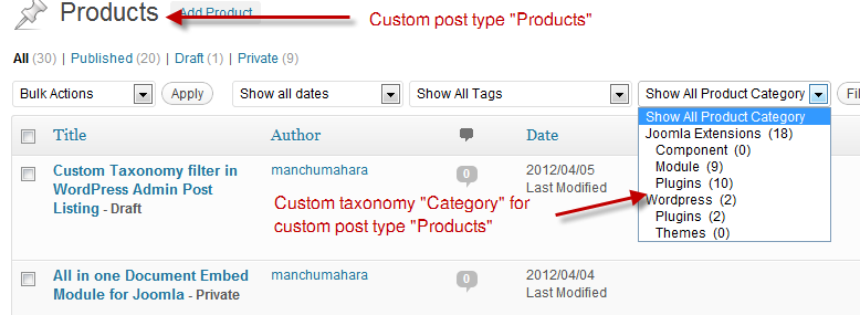 Custom Taxonomy Drop down in action