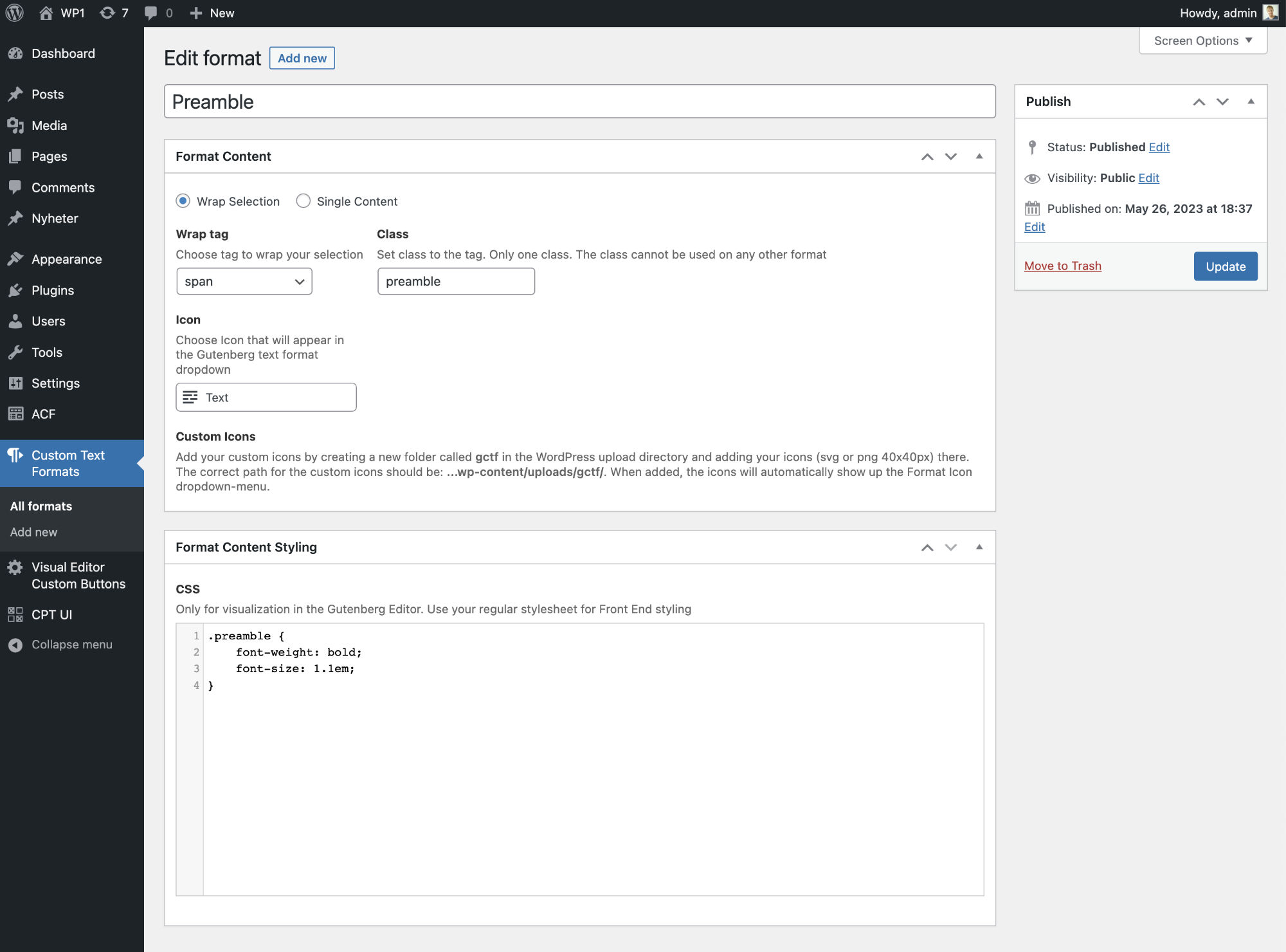 The preamble text format in editor view.