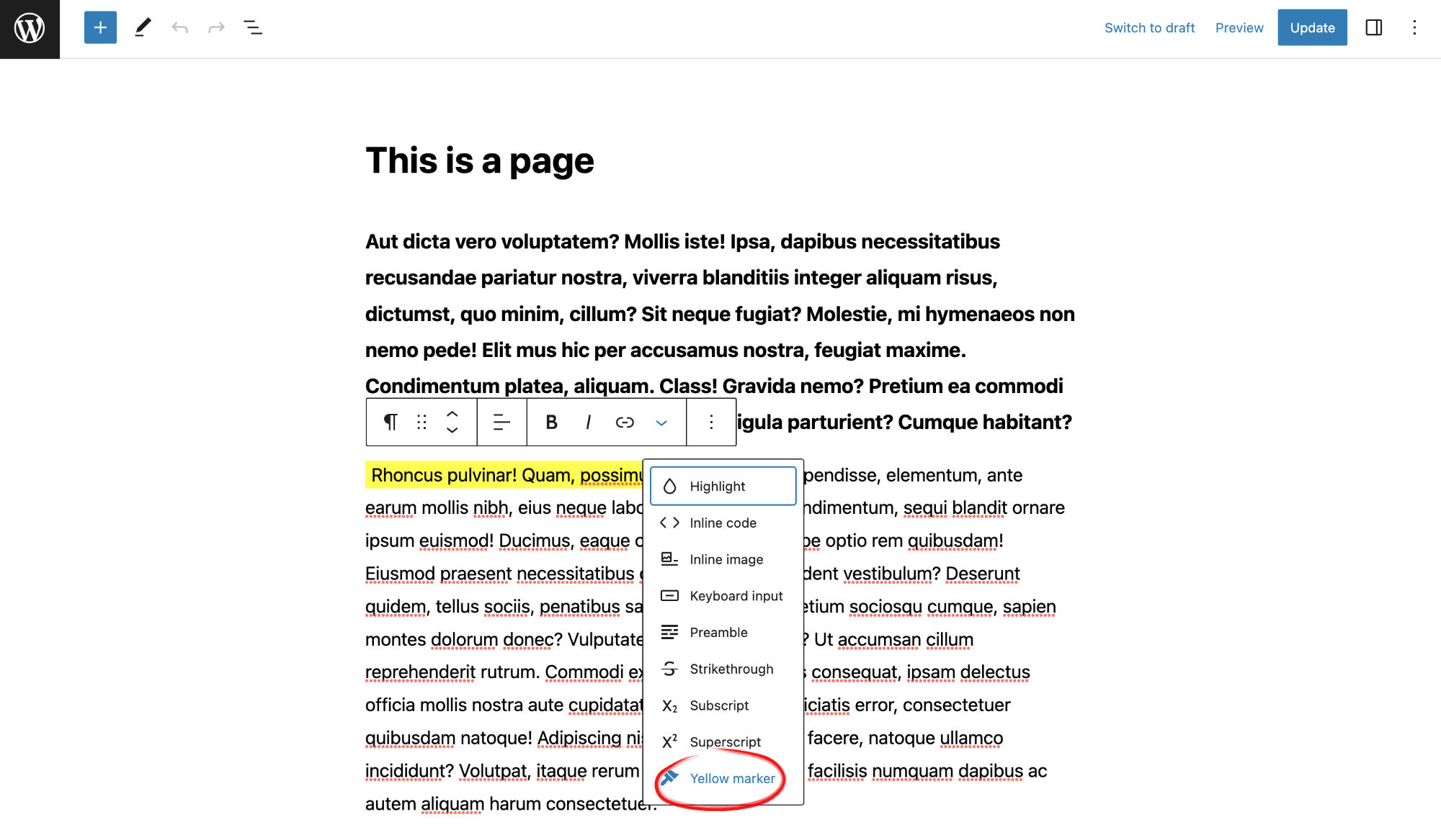 Example of a yellow marker text format.